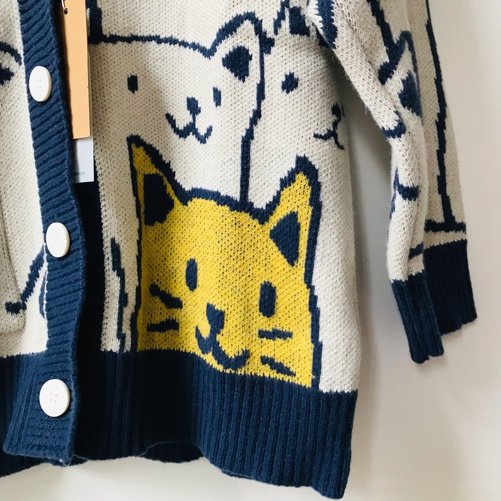 CAT PRINT Darling Warm Thick Knit Cardigan Sweater Top Kitties Cats Kawaii Sm - Picture 4 of 4